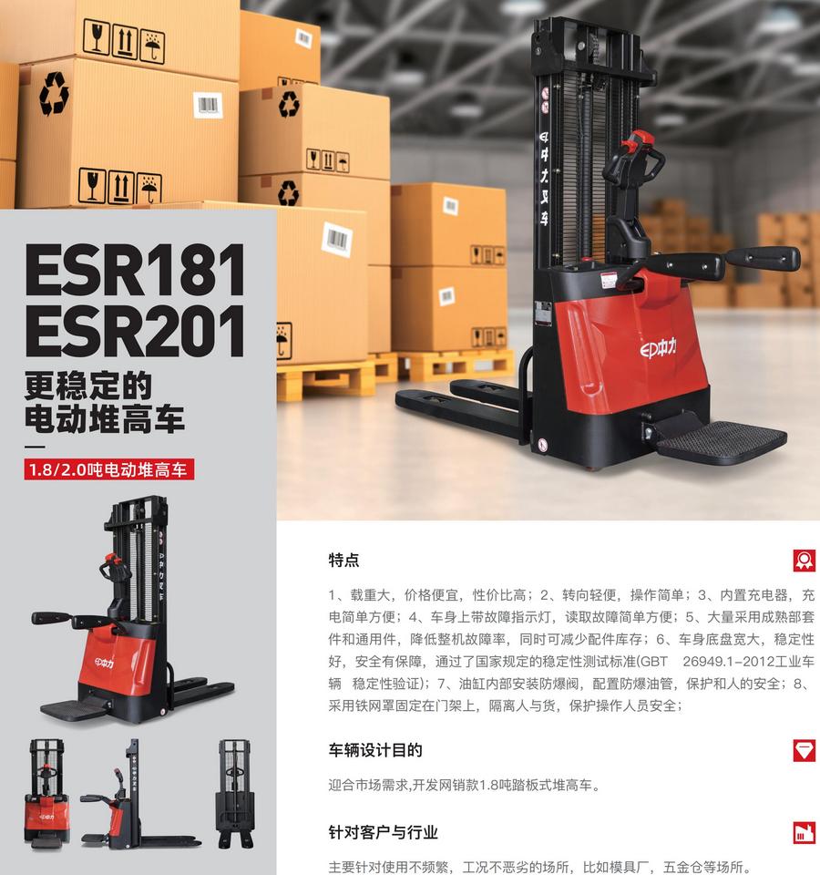 中力ESR201站驾式全电动堆高车,托盘堆垛车